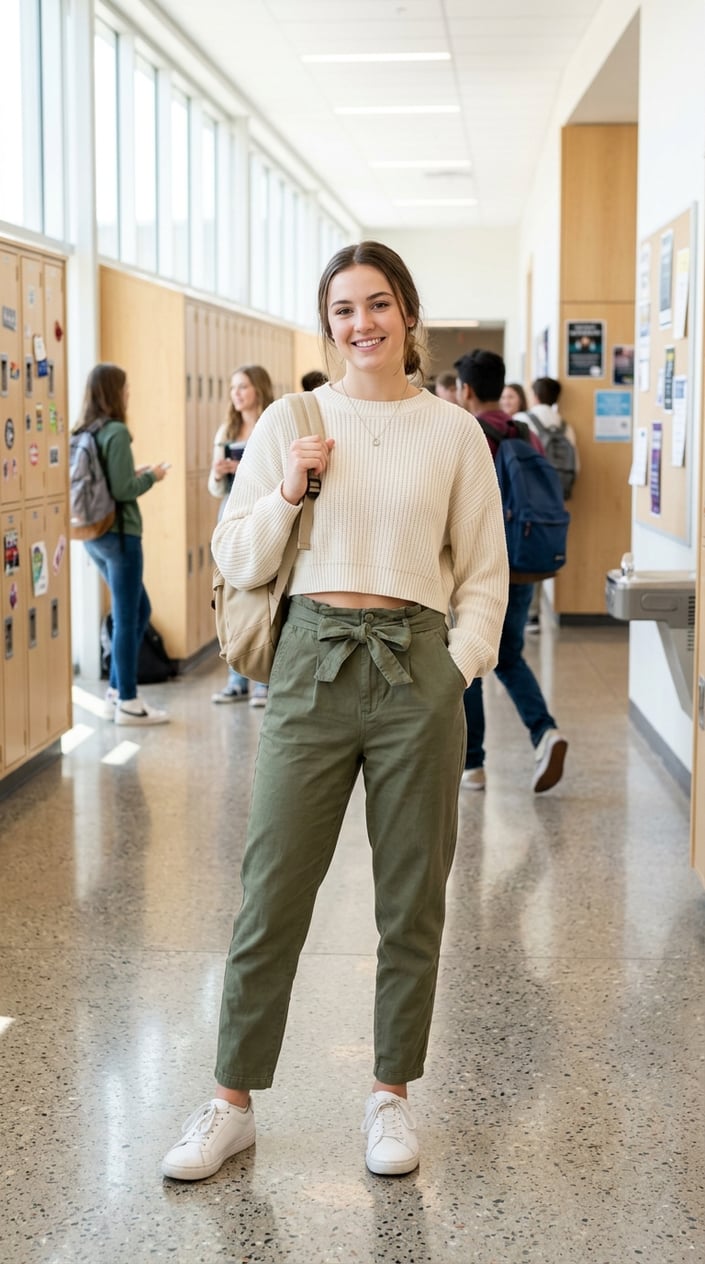 19 Casual School Outfits That Get Through Monday Without a Fight 9 A young person in a school hallway wearing a boxy cropped knit sweater and high-waisted paperbag-tie chinos in khaki, with lockers and windows visible behind them.