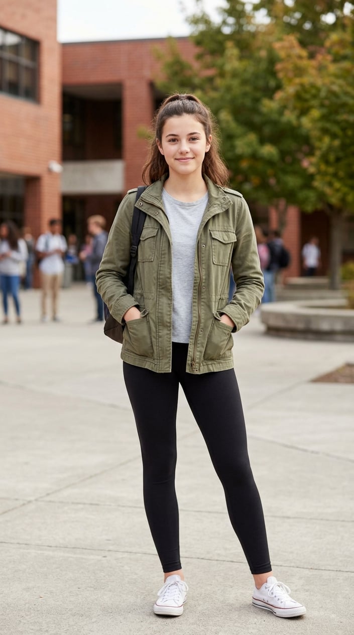 19 Casual School Outfits That Get Through Monday Without a Fight 11 A young woman standing near a school building wearing an olive cotton-twill utility jacket with snap pockets over thick matte black leggings.