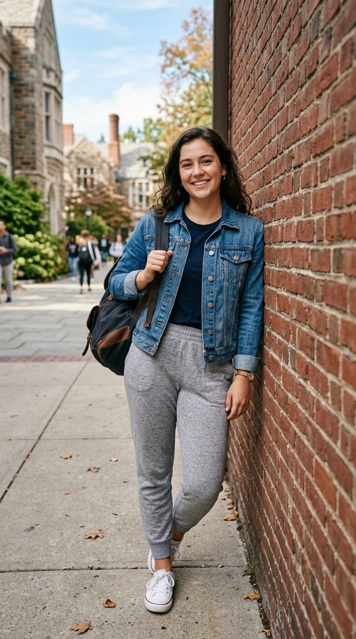 19 Casual School Outfits That Get Through Monday Without a Fight 17 A young adult outside a school building wearing a medium-wash denim jacket over a neutral gray jogger, holding a backpack.