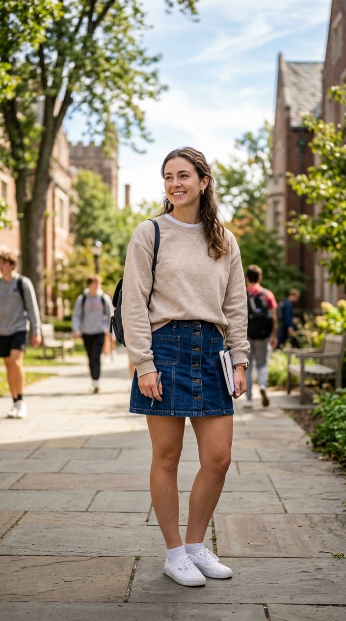 19 Casual School Outfits That Get Through Monday Without a Fight 19 A young woman outdoors wearing a soft gray crewneck sweatshirt with a mid-rise A-line denim skirt, smiling against a school campus background.