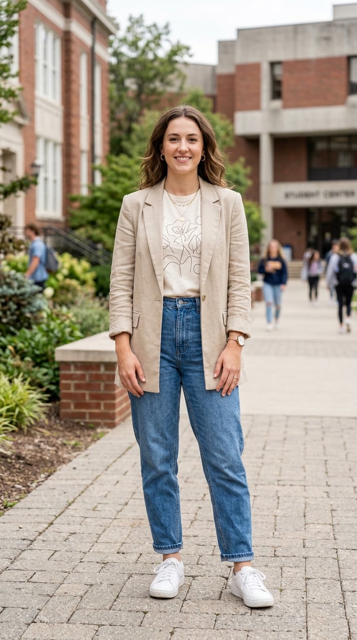 19 Casual School Outfits That Get Through Monday Without a Fight 23 A young woman standing outdoors wearing a camel longline single-breasted blazer over a graphic tee, paired with relaxed high-waisted mom jeans.