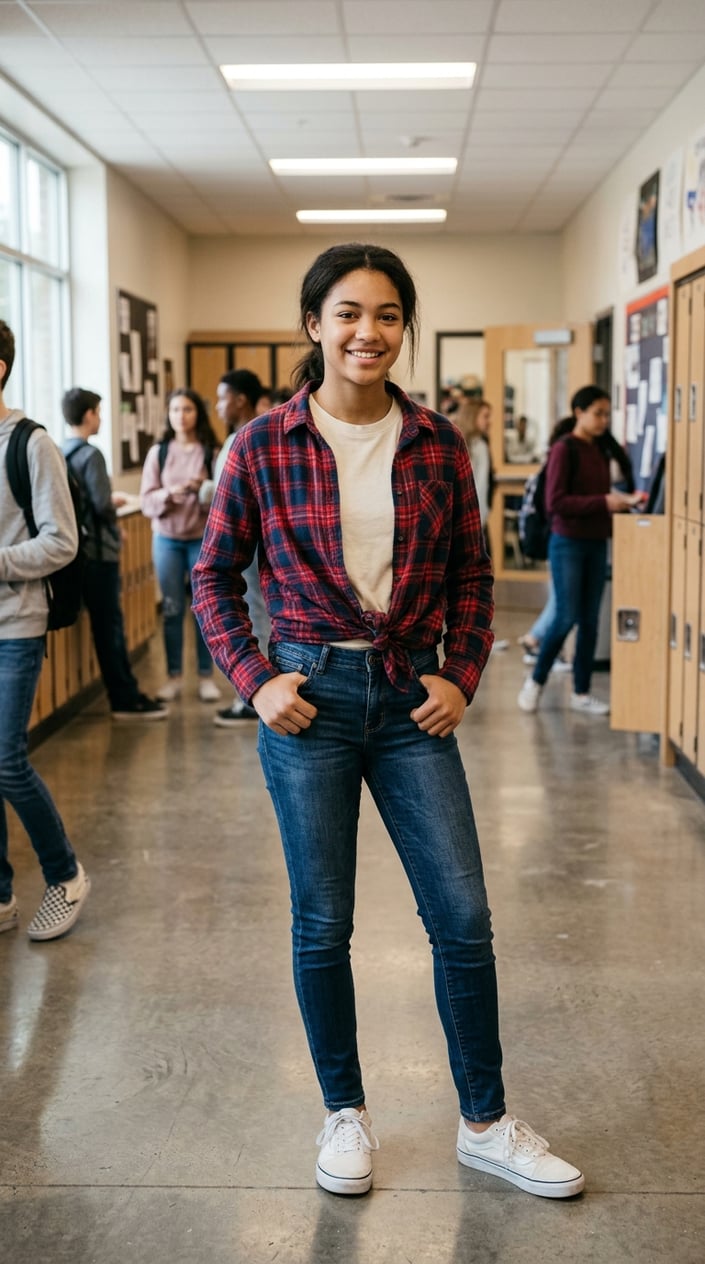 19 Casual School Outfits That Get Through Monday Without a Fight 25 A person indoors wearing a muted olive and rust plaid flannel shirt tied at the natural waist over slim dark-wash jeans.