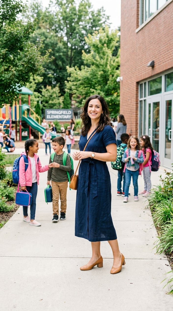 19 Casual School Outfits That Get Through Monday Without a Fight 29 A woman in a navy mid-length wrap dress with short sleeves and a side-tie waist standing near a school building on a sunny day, with children playing in the background.