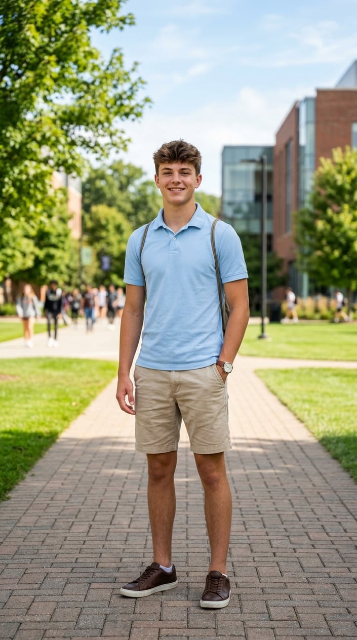 19 Casual School Outfits That Get Through Monday Without a Fight 31 A young person standing outside on a sunny school morning wearing a solid navy polo shirt and straight-cut beige khaki shorts just above the knee.