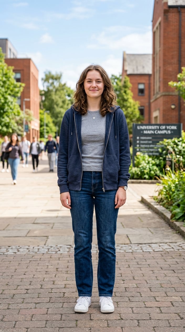 19 Casual School Outfits That Get Through Monday Without a Fight 33 A young person on a school campus wearing a fitted gray cotton-fleece zip-up hoodie over dark straight-leg jeans, smiling in relaxed morning light.