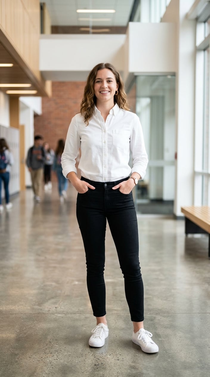 19 Casual School Outfits That Get Through Monday Without a Fight 39 A person standing in a bright room wearing a slightly boxy white cotton poplin oxford with rolled sleeves and slim black jeans.