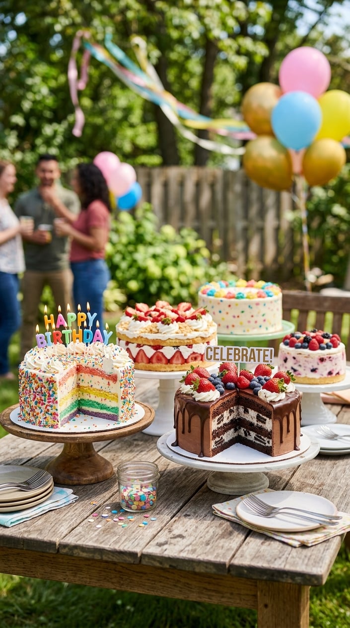 A table outdoors with various colorful ice cream cakes decorated with fruits, sprinkles, and candles, set in a sunny backyard with party decorations.