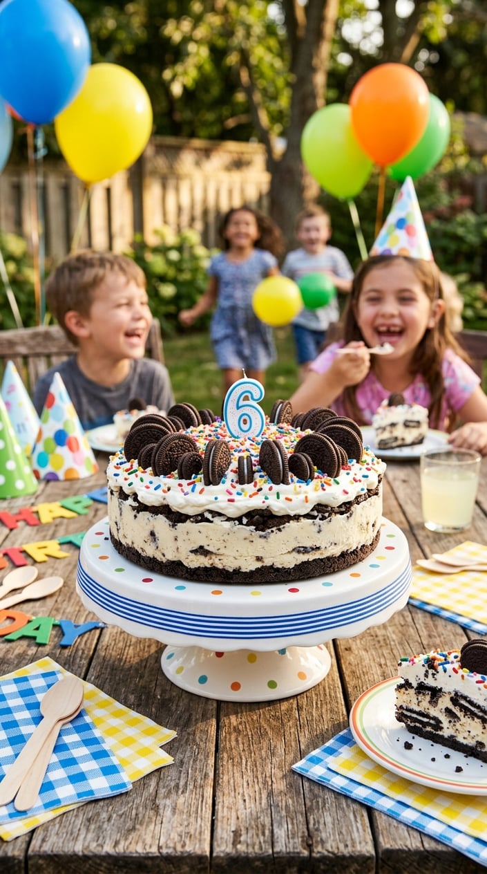 A round Oreo ice cream cake decorated with cookies and sprinkles on a wooden table at an outdoor birthday party with children in the background.