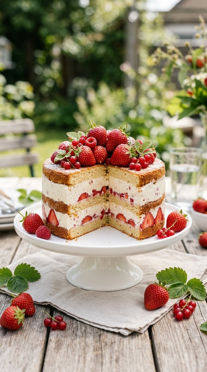 A layered strawberry shortcake ice cream cake topped with fresh strawberries on a white cake stand, placed on a wooden table with a light background.