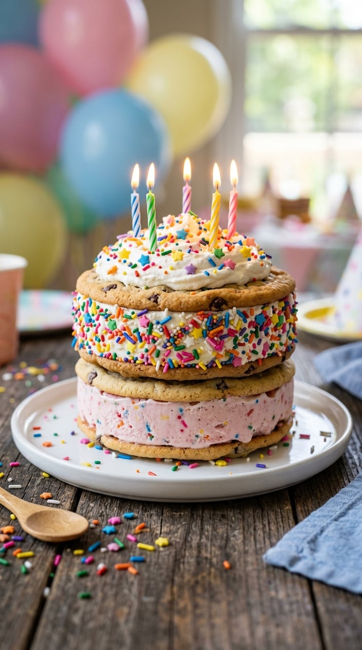 A colorful ice cream sandwich cake topped with multicolored confetti sprinkles on a wooden table with birthday party decorations in the background.