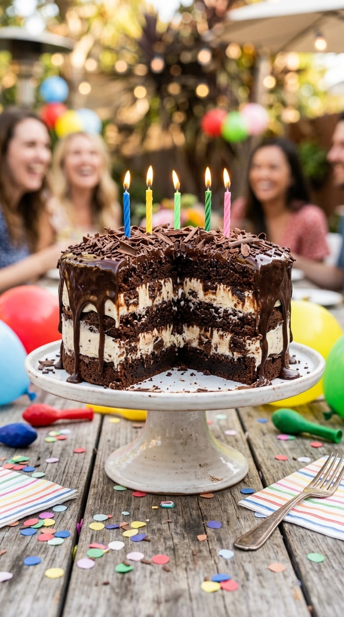 A chocolate fudge brownie ice cream cake on a white cake stand with birthday decorations in the background.
