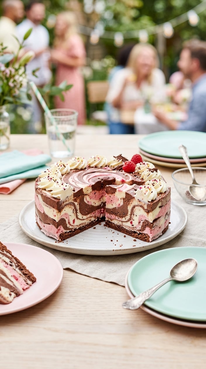 A sliced Neapolitan swirl ice cream cake in a round pan showing chocolate, vanilla, and strawberry flavors with party plates and spoons nearby.