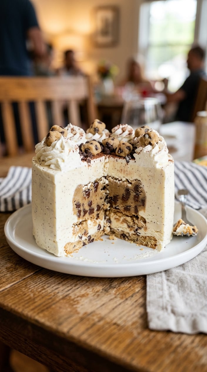 A sliced ice cream cake with a visible cookie dough center on a white plate.