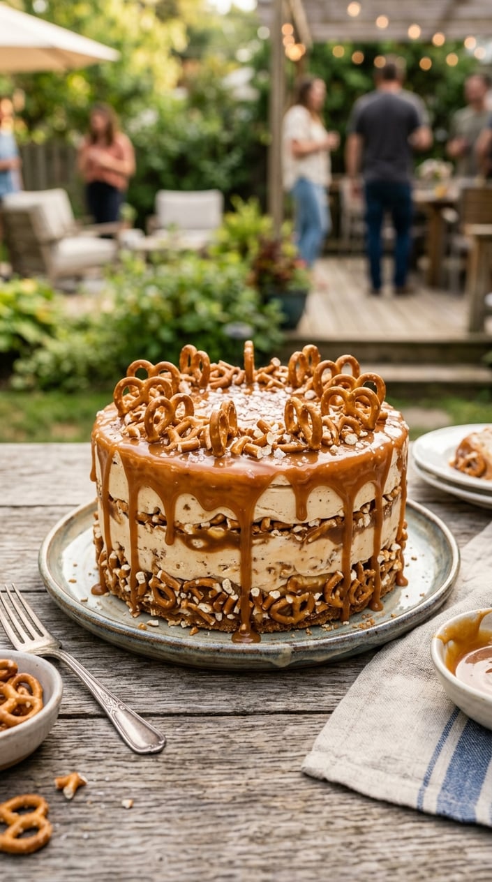 A salted caramel pretzel ice cream cake topped with pretzels and caramel sauce on a wooden table with a blurred backyard party background.