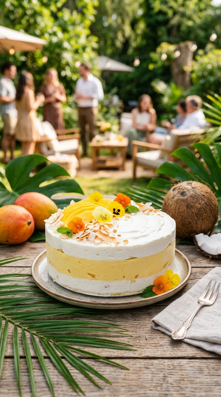 A vegan coconut mango ice cream cake topped with fresh mango slices and shredded coconut on a wooden table outdoors with tropical leaves and fruits around.