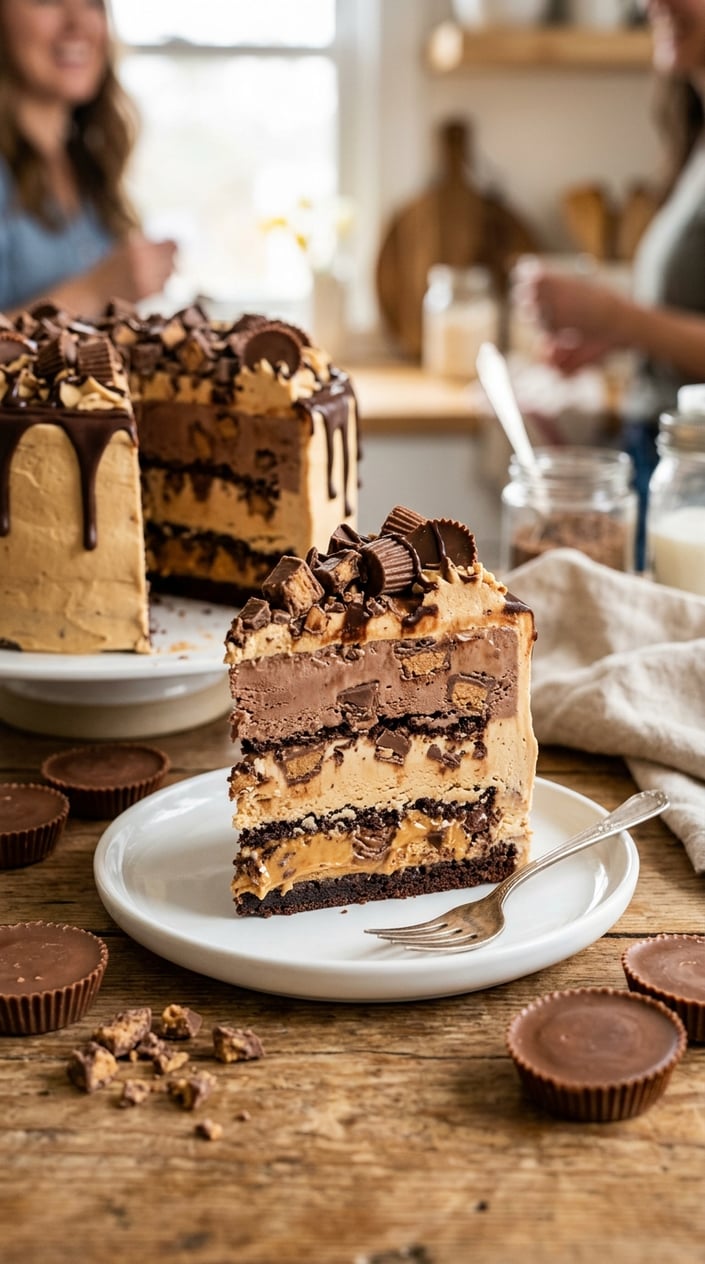 A sliced peanut butter cup ice cream layer cake with visible chunks of chopped Reese's peanut butter cups on a white plate.