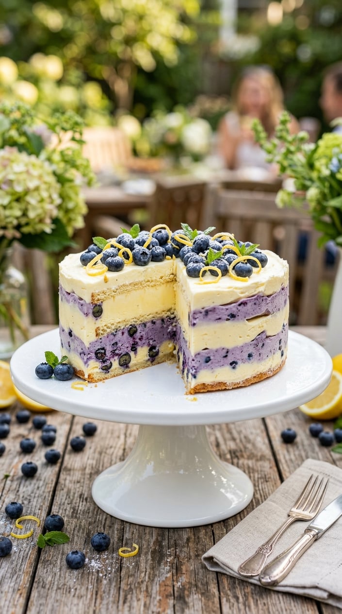 A lemon blueberry ice cream cake topped with fresh blueberries and lemon zest on a white cake stand, set on a wooden table with scattered blueberries and lemon slices.