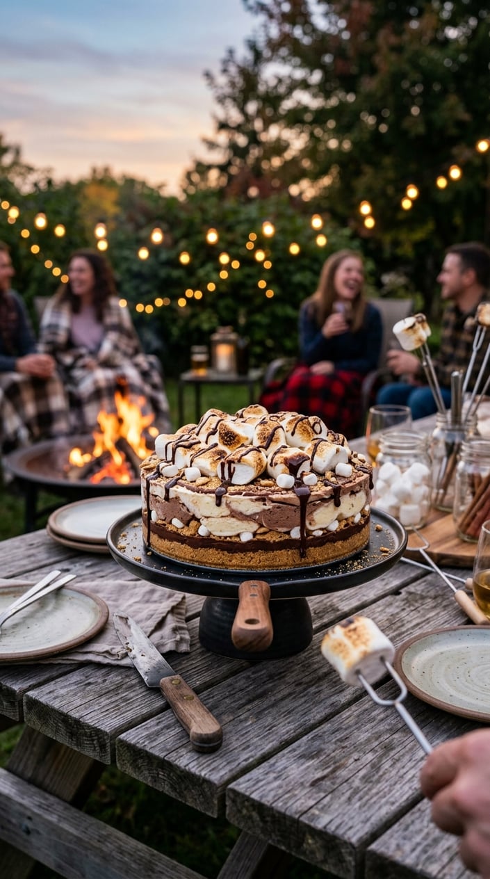 A s'mores ice cream cake on a wooden table outdoors with toasted marshmallows and a bonfire glowing in the background.