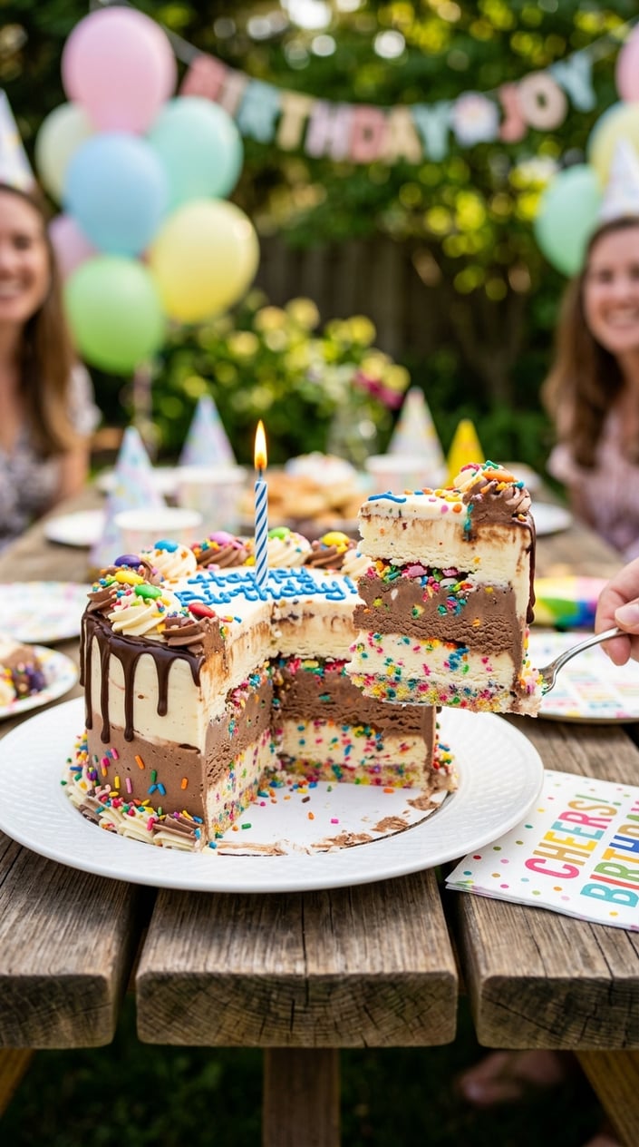 A birthday ice cream cake with a lit candle and colorful sprinkles inside on a plate outdoors with party decorations in the background.