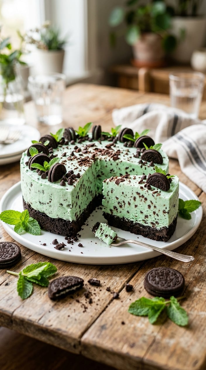 A slice of mint chocolate chip ice cream cake with an Oreo crust on a white plate, garnished with mint leaves and Oreo cookies on a wooden table.