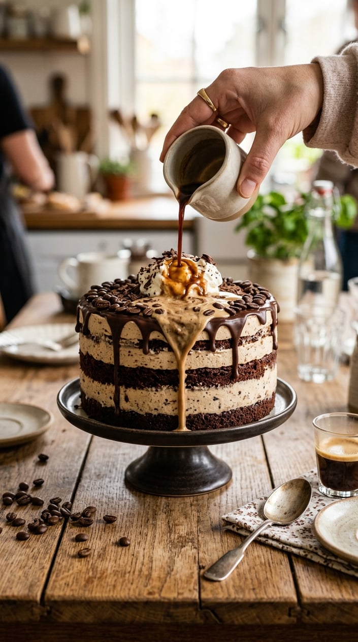 An espresso affogato ice cream cake on a wooden table with coffee beans and a glass of espresso nearby.