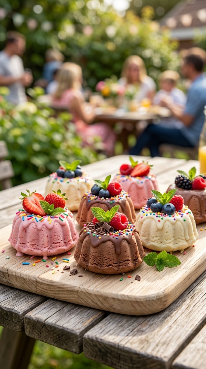 Several mini ice cream bundt cakes with colorful toppings arranged on a wooden board with a blurred backyard background.
