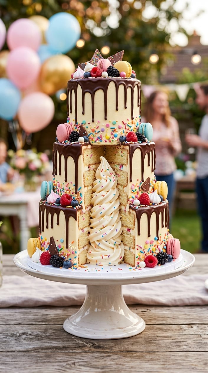 A multi-layered drip cake with a soft-serve ice cream center, decorated with sprinkles and fresh berries on a white cake stand.