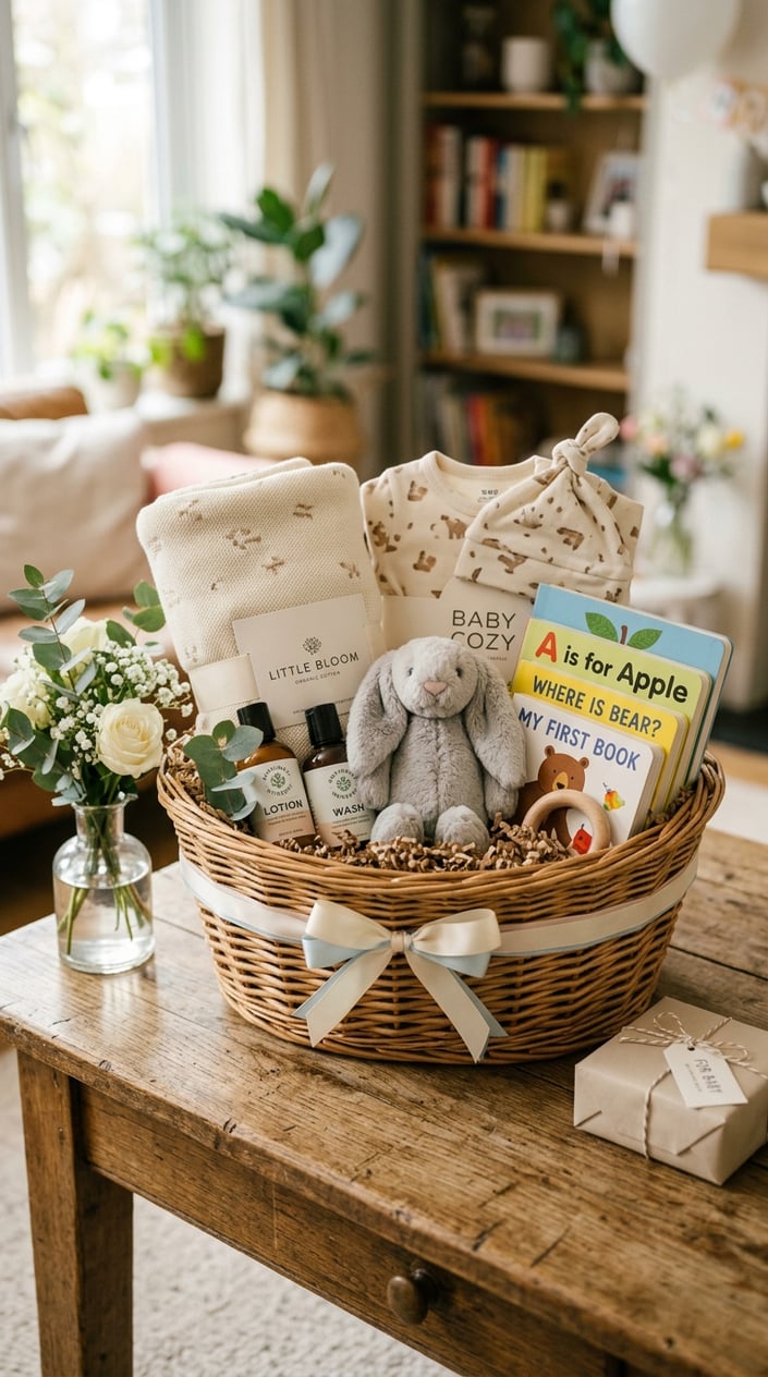 A woven baby shower gift basket filled with baby clothes, blankets, toys, and books on a wooden table with flowers and ribbons around it.