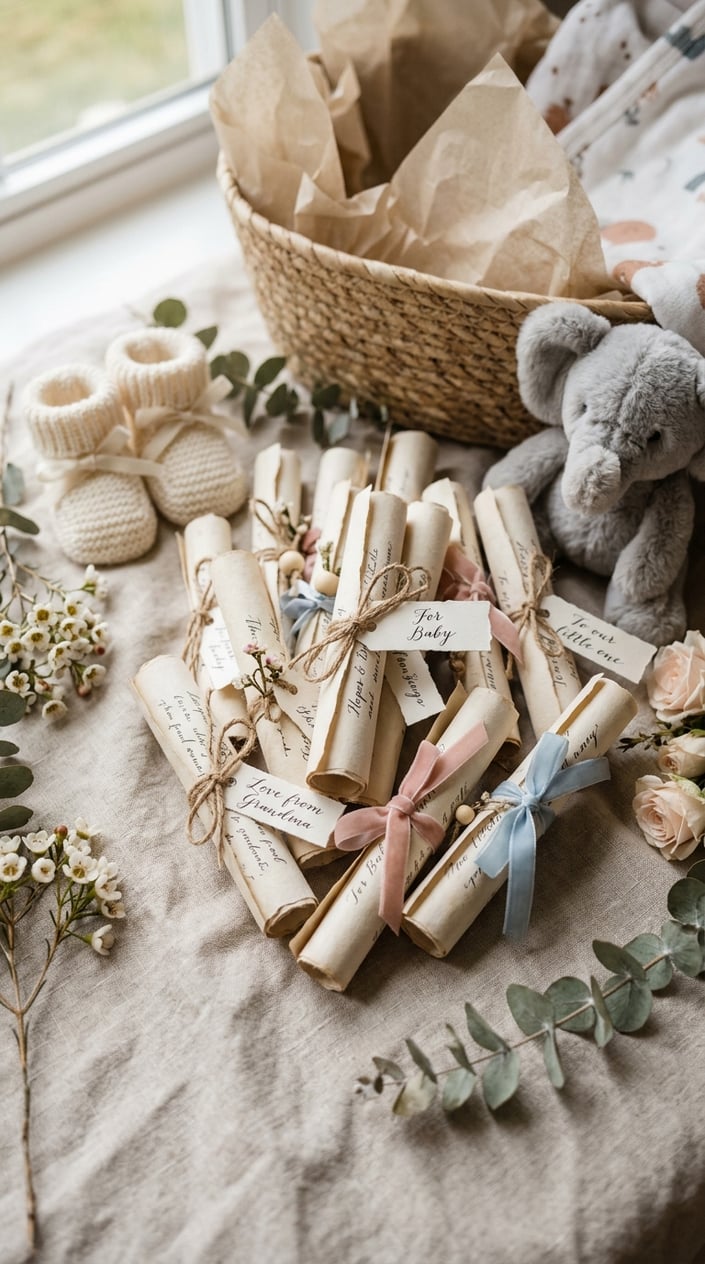 Several small handwritten letters rolled into scrolls tied with twine, placed alongside baby shower items like booties and a plush toy.