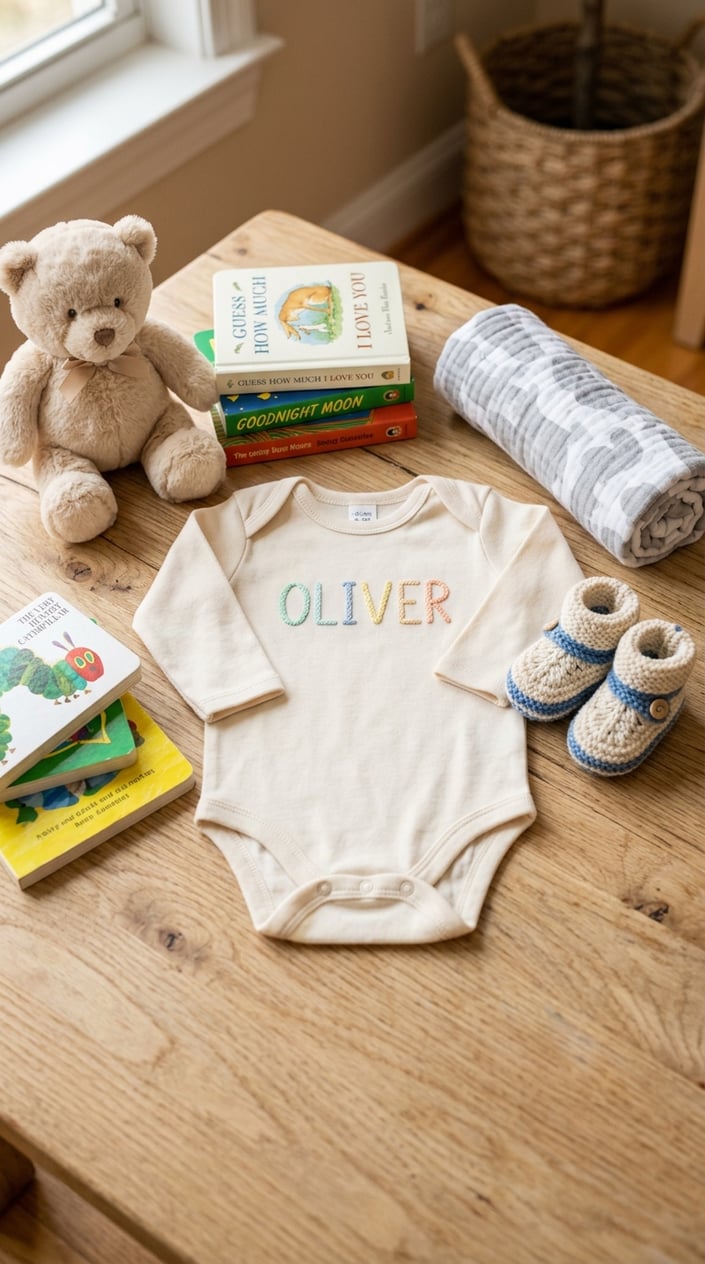 A baby onesie with embroidered name surrounded by baby shower gift items like a plush toy, booties, books, and a blanket on a wooden surface.