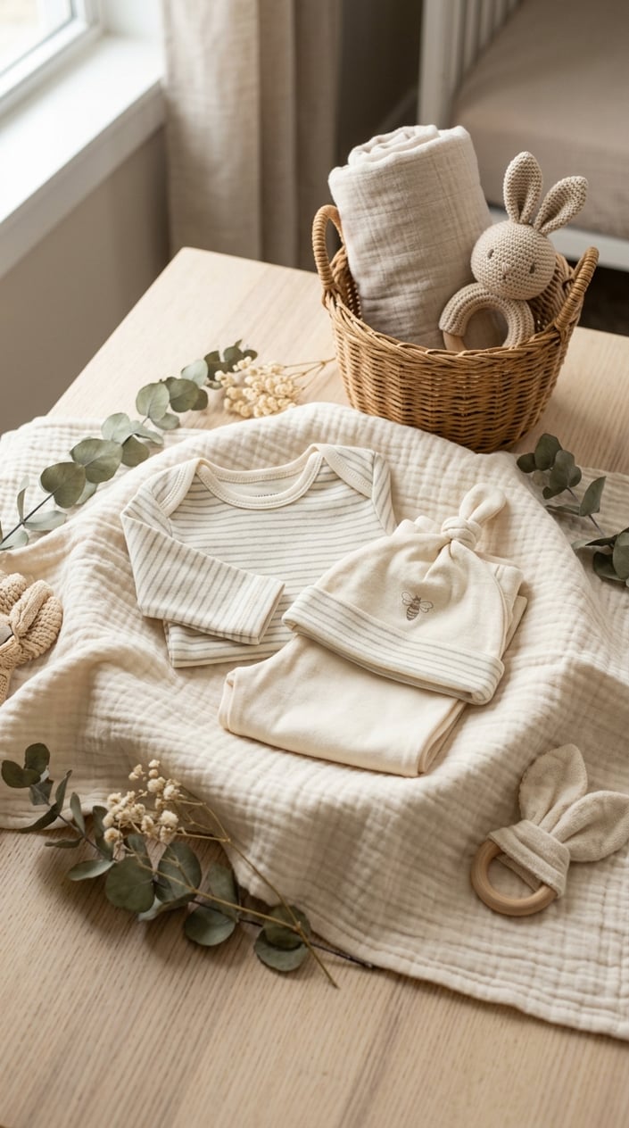 A neatly arranged organic cotton baby layette set including a bodysuit, pants, and hat on a soft neutral background with natural decorative elements.
