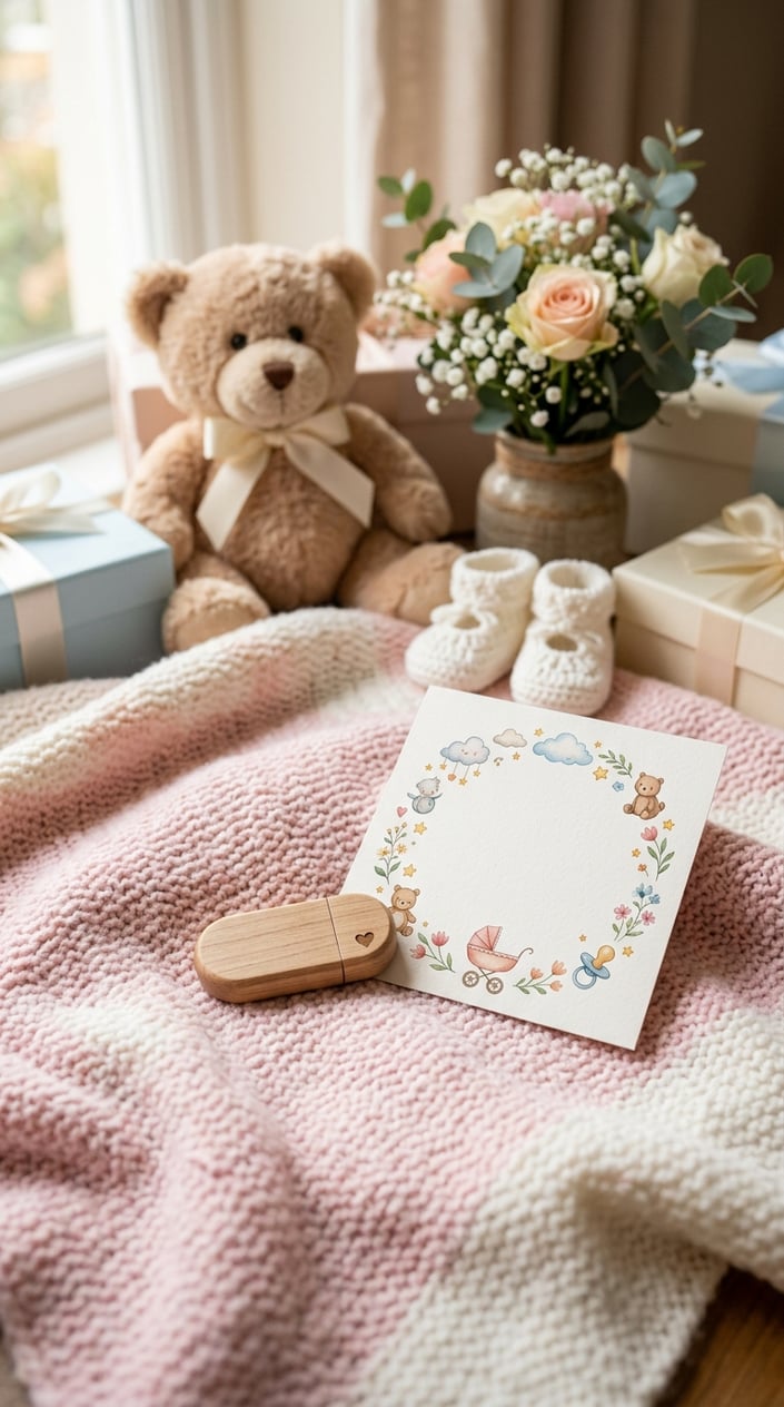 A baby shower gift setup with a USB drive and a printed lyric card placed on a pastel blanket, surrounded by baby booties, a teddy bear, and flowers.