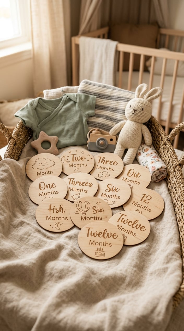 A collection of wooden baby milestone discs arranged with baby clothes, a plush toy, and wooden toys in a baby shower gift basket.
