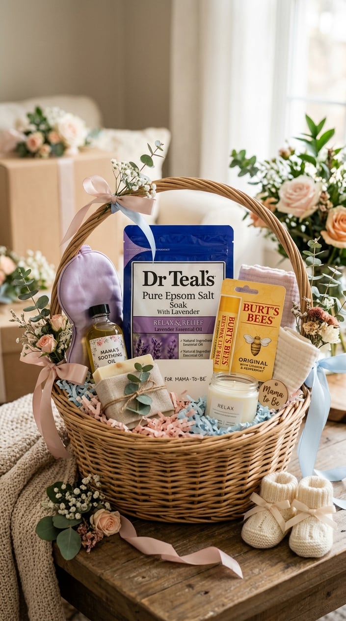 A wicker basket filled with Dr. Teal’s Epsom salts and Burt’s Bees lip balm surrounded by baby shower decorations.