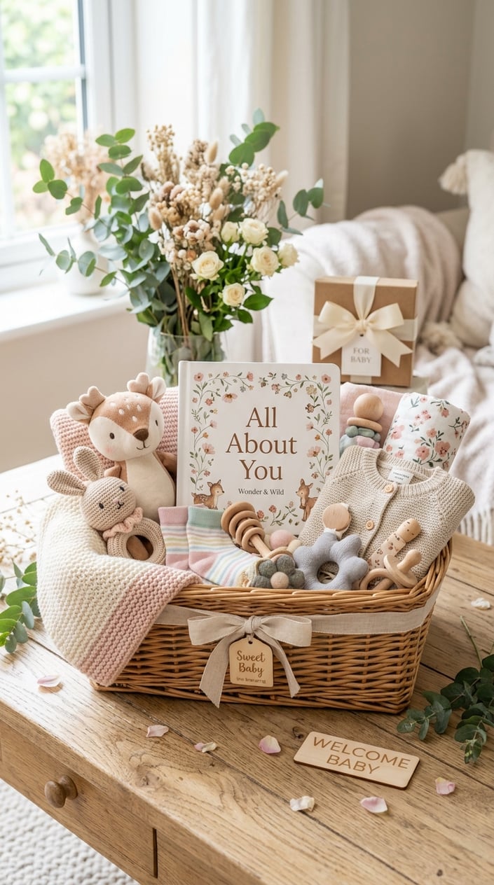 A baby shower gift basket with a personalized board book, baby clothes, toys, and soft blankets arranged on a wooden table with natural light.