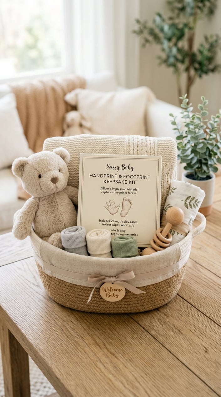 A baby shower gift basket featuring a silicone handprint kit surrounded by baby items like a teddy bear, socks, a rattle, and a blanket on a wooden table.