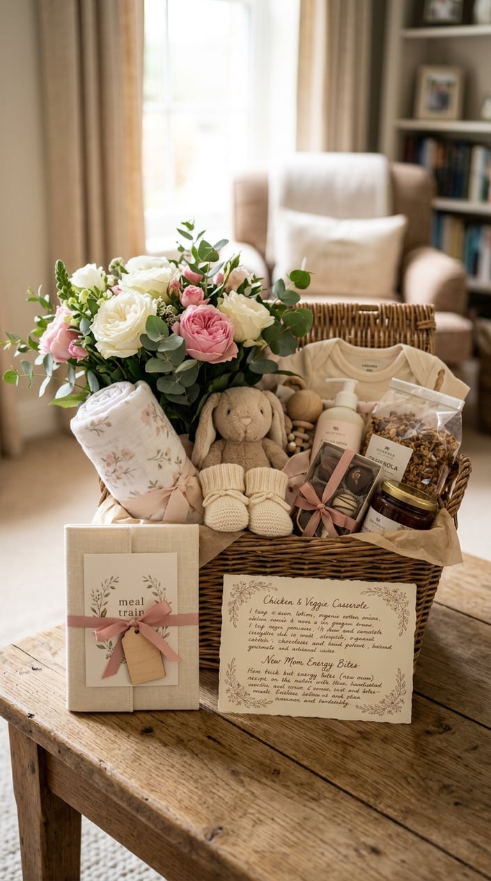 A baby shower gift basket with a meal train gift card holder and a handwritten recipe card placed beside it on a wooden table.