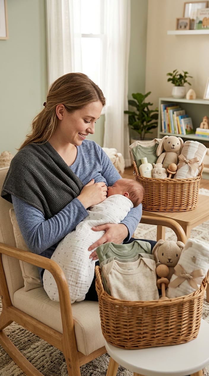 A mother breastfeeding her baby while wearing a nursing-friendly scarf, with a baby shower gift basket nearby in a softly lit nursery.