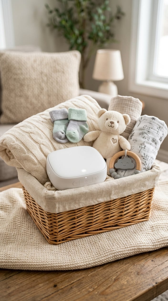 A baby shower gift basket featuring a portable white-noise machine surrounded by baby items like a blanket, socks, and a stuffed animal.