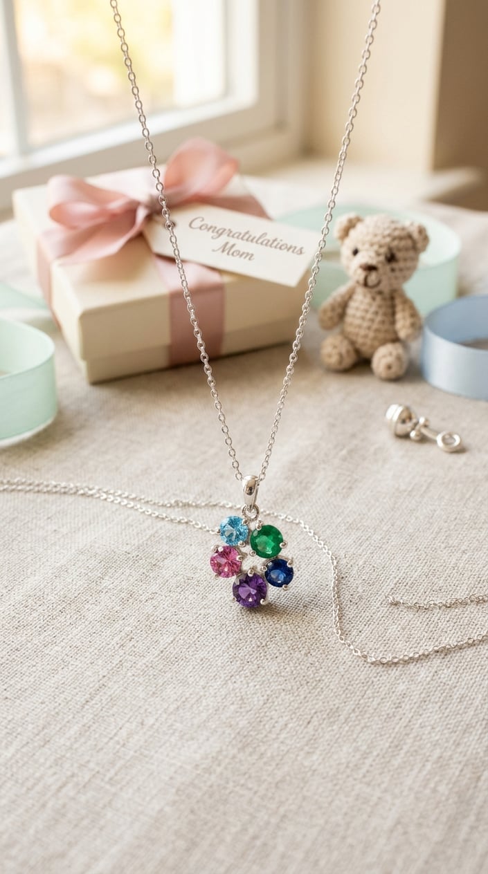 A custom birthstone necklace with colorful gemstones displayed on soft fabric alongside baby shower gift decorations.