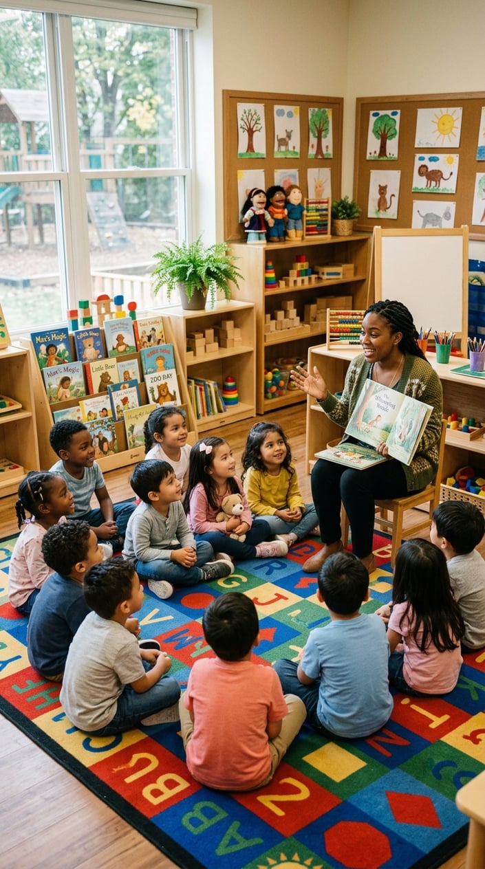 23 Short Moral Stories for Kids That Don't Hit Them Over the Head With a Lesson 2 A group of young children attentively listening to a teacher telling a story in a bright classroom.