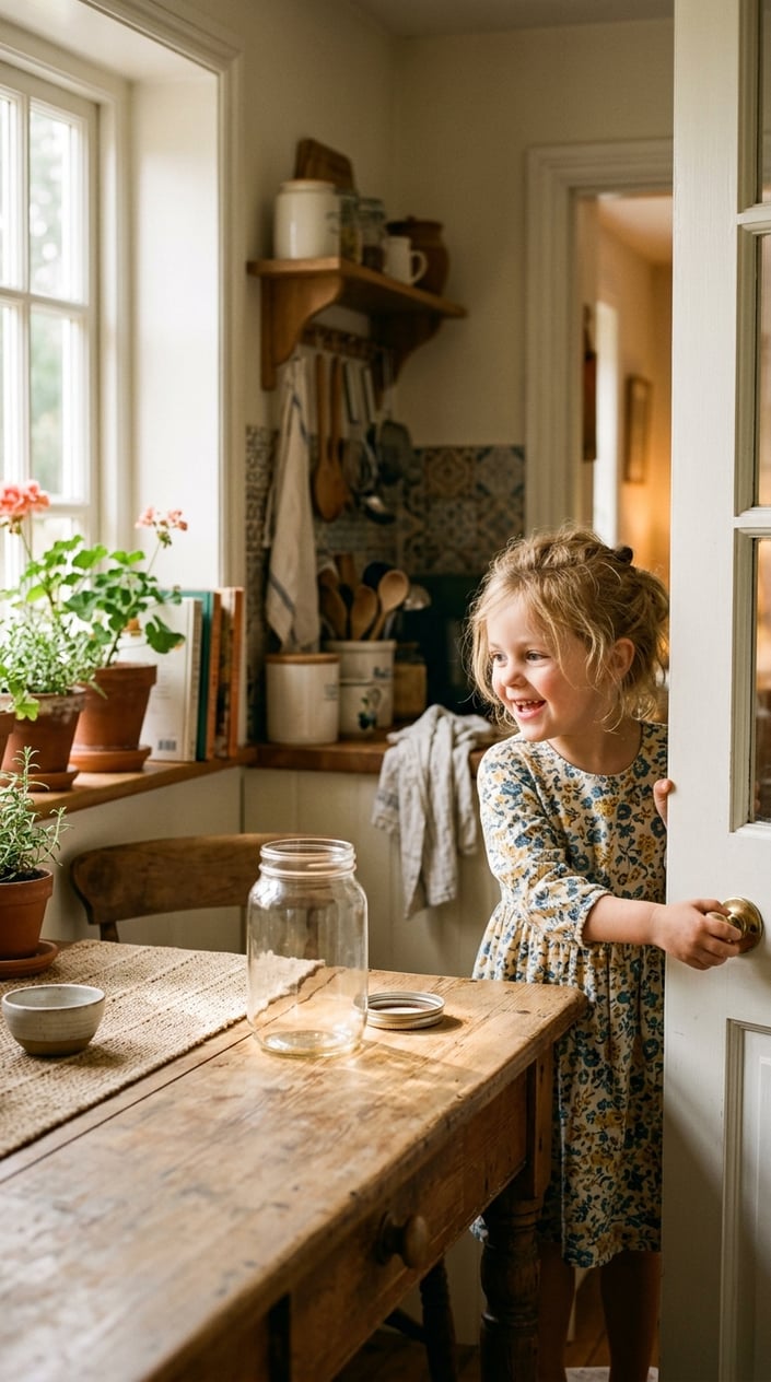 23 Short Moral Stories for Kids That Don't Hit Them Over the Head With a Lesson 3 A child opening a kitchen door with a surprised expression while an empty glass jar sits on a wooden table nearby.