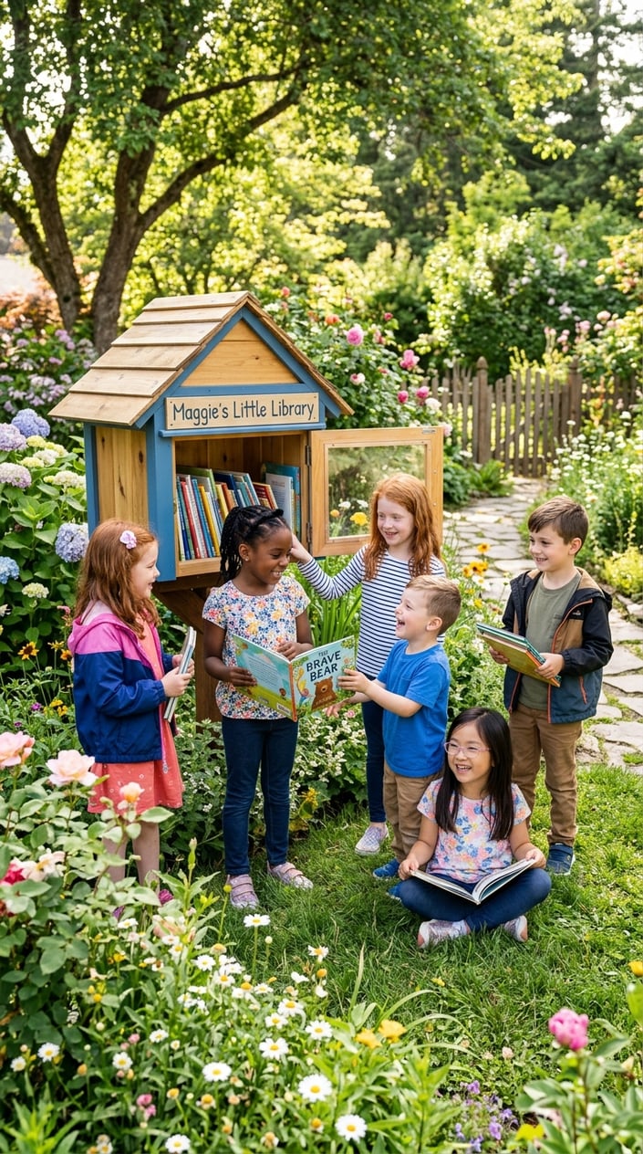 23 Short Moral Stories for Kids That Don't Hit Them Over the Head With a Lesson 4 Children happily sharing books near a small wooden library box in a sunny garden.