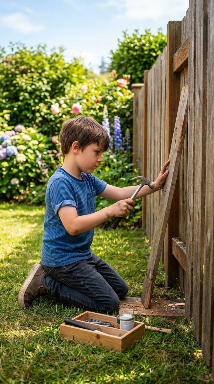 23 Short Moral Stories for Kids That Don't Hit Them Over the Head With a Lesson 5 A young boy repairing a wooden fence in a sunny backyard surrounded by grass and flowers.