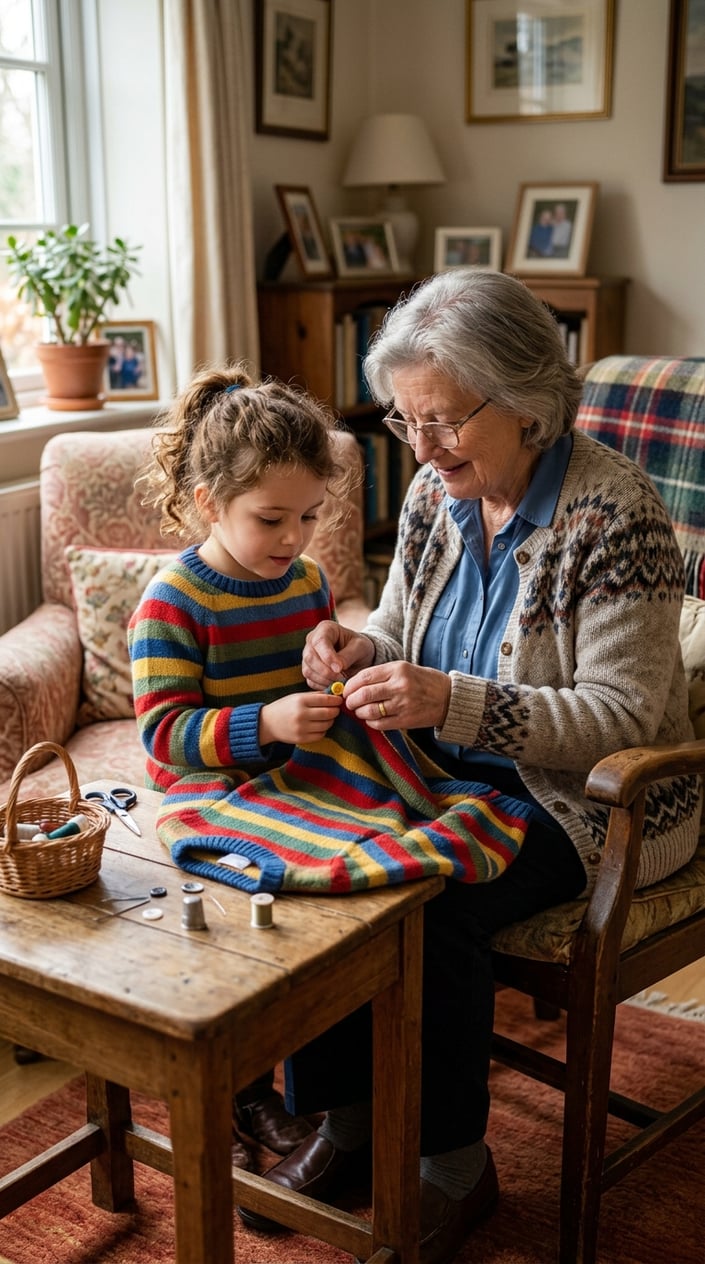 23 Short Moral Stories for Kids That Don't Hit Them Over the Head With a Lesson 6 An elderly grandmother gently sewing a button onto a child's sweater in a cozy living room.