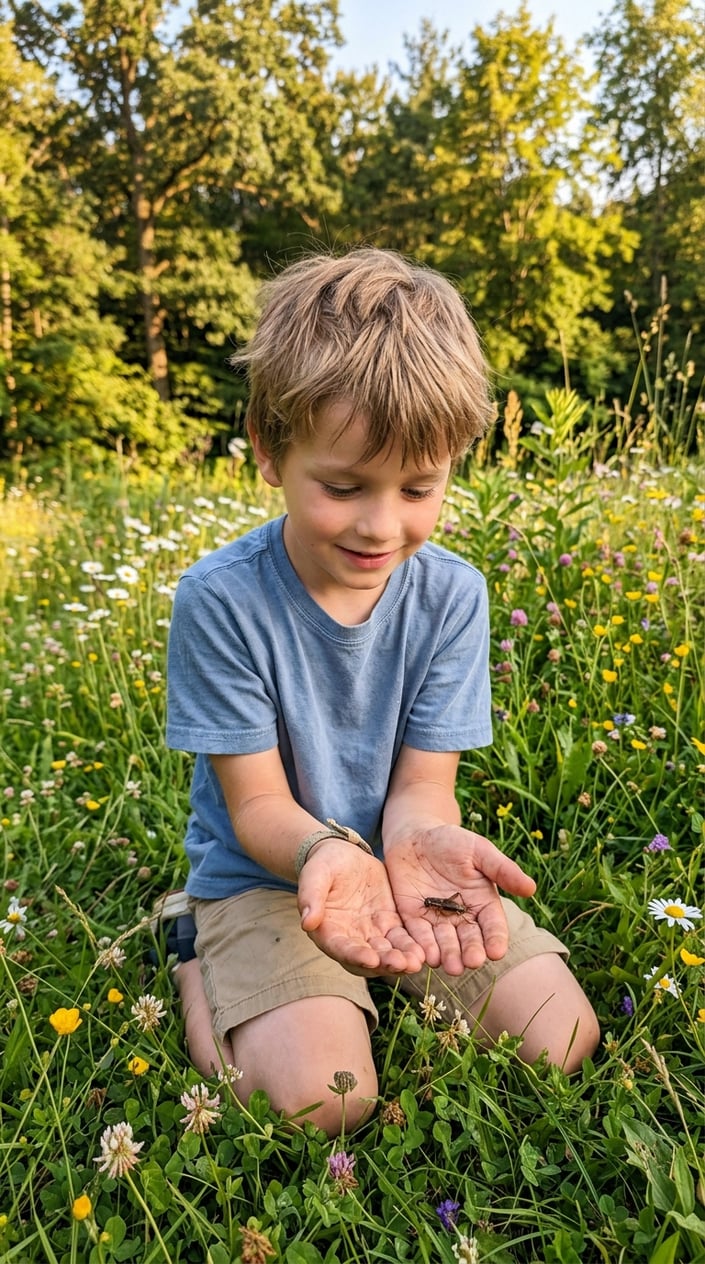 23 Short Moral Stories for Kids That Don't Hit Them Over the Head With a Lesson 7 A young boy gently holding a small cricket in his hands outdoors surrounded by grass and flowers.