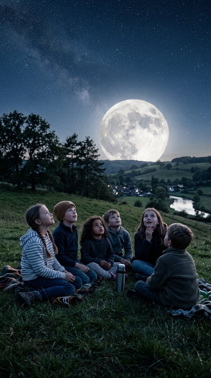 23 Short Moral Stories for Kids That Don't Hit Them Over the Head With a Lesson 8 Children sitting on a grassy hill at night, looking up at a large glowing full moon in a clear starry sky.