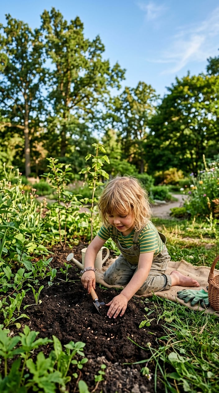 23 Short Moral Stories for Kids That Don't Hit Them Over the Head With a Lesson 9 A child planting seeds in soil with tall trees visible in the background under a clear sky.