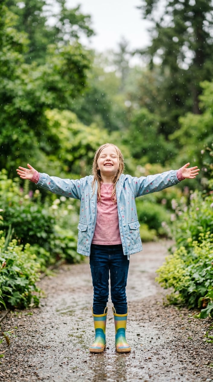 23 Short Moral Stories for Kids That Don't Hit Them Over the Head With a Lesson 10 A young girl smiling and standing with arms outstretched in a gentle rain outdoors.
