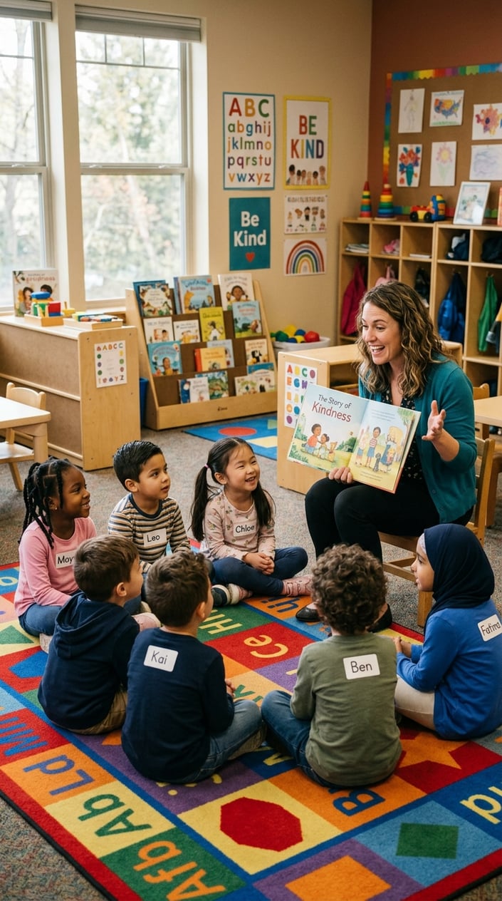 23 Short Moral Stories for Kids That Don't Hit Them Over the Head With a Lesson 11 A teacher reading a storybook to a group of young children sitting on a carpet in a bright classroom.